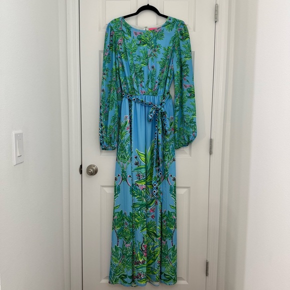 Lilly Pulitzer Chyanna Maxi Dress Women’s 14 Porto Blue Tropical Vacation - Picture 3 of 13
